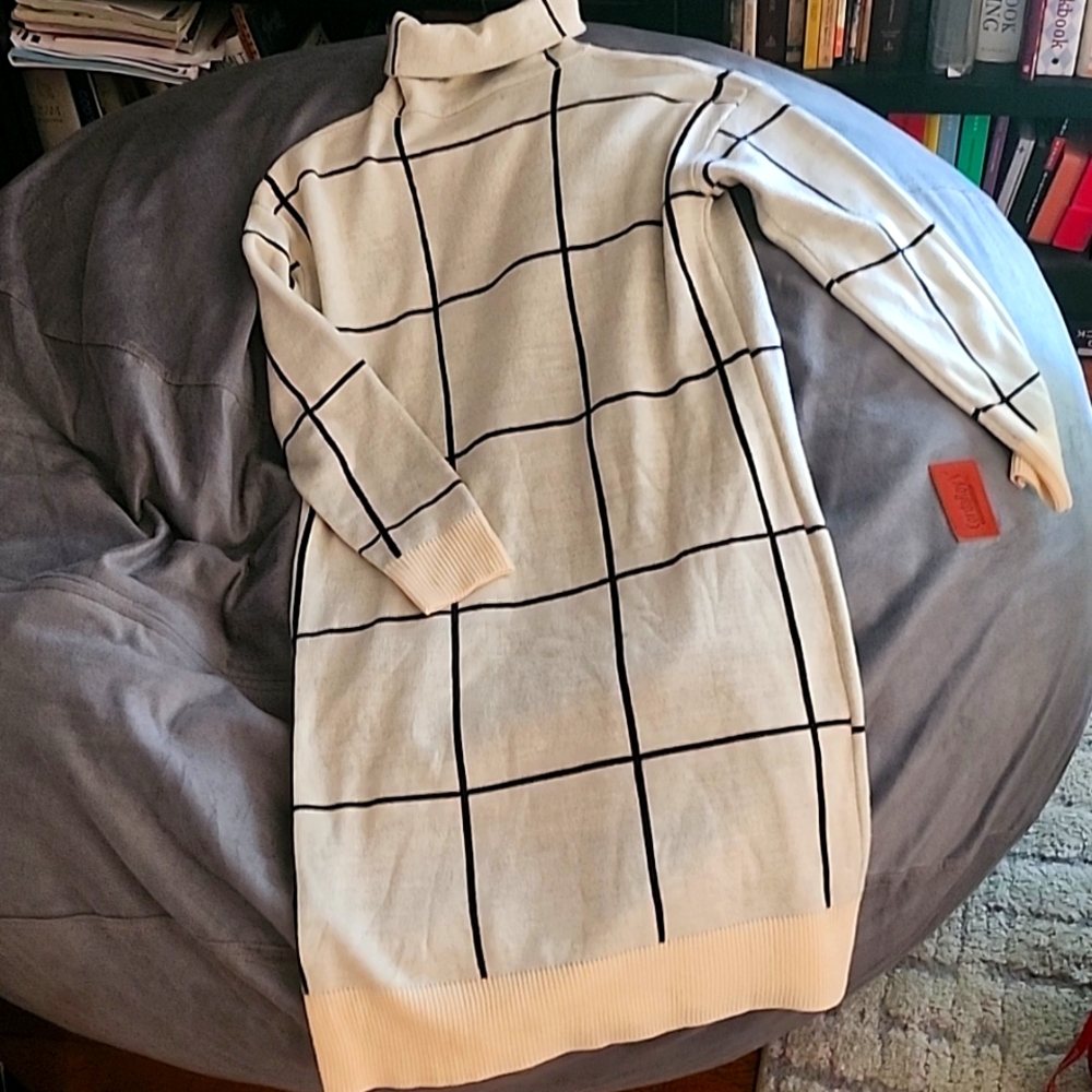 Simplee Turtleneck Sweater Dress Grid Pattern Black and Cream Mid Length